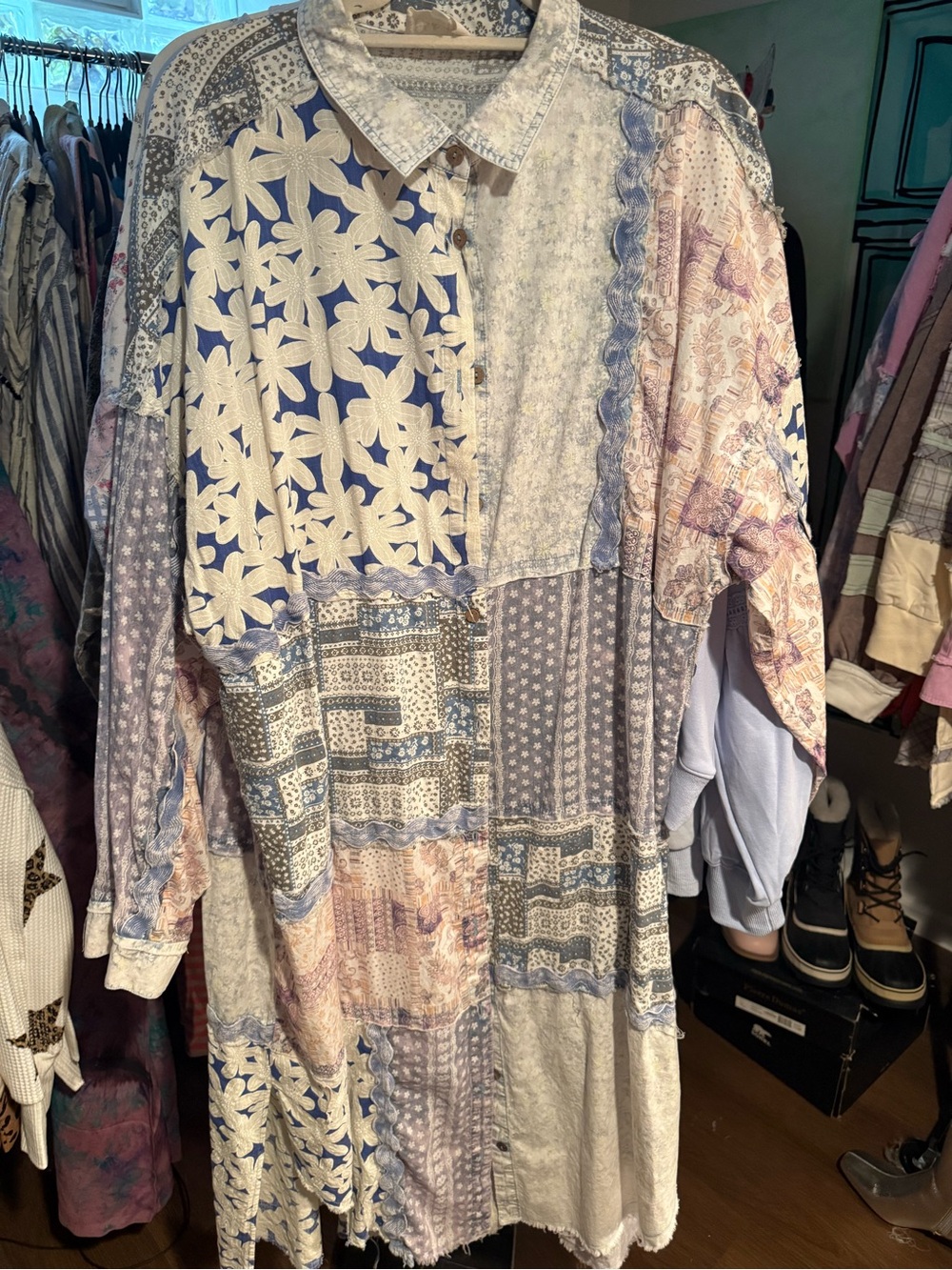Oli & Hali Patchwork Button-Front Jacket — Blue, Cream, Pink